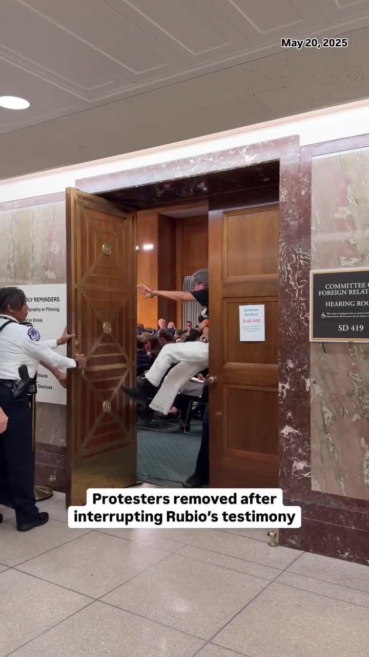 Three people were removed for disrupting Secretary of State Marco Rubio's testimony at a Senate hearing on the morning of May 20.